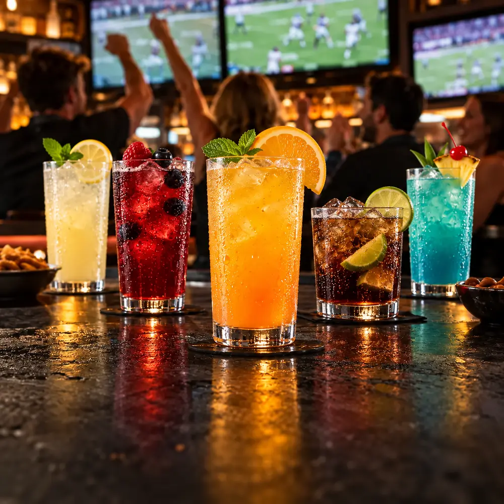 Illustrative colorful juices and soft drinks with game-day action behind them