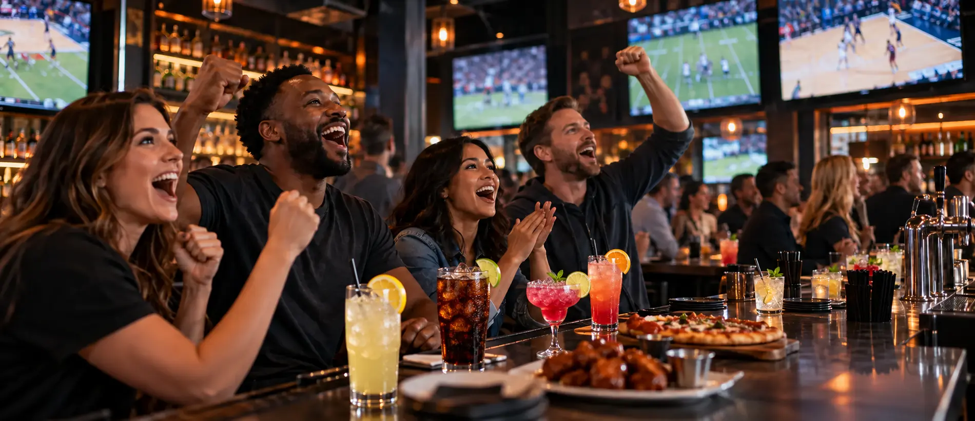 Illustrative game-day gathering with colorful cold drinks inside a lively sports bar