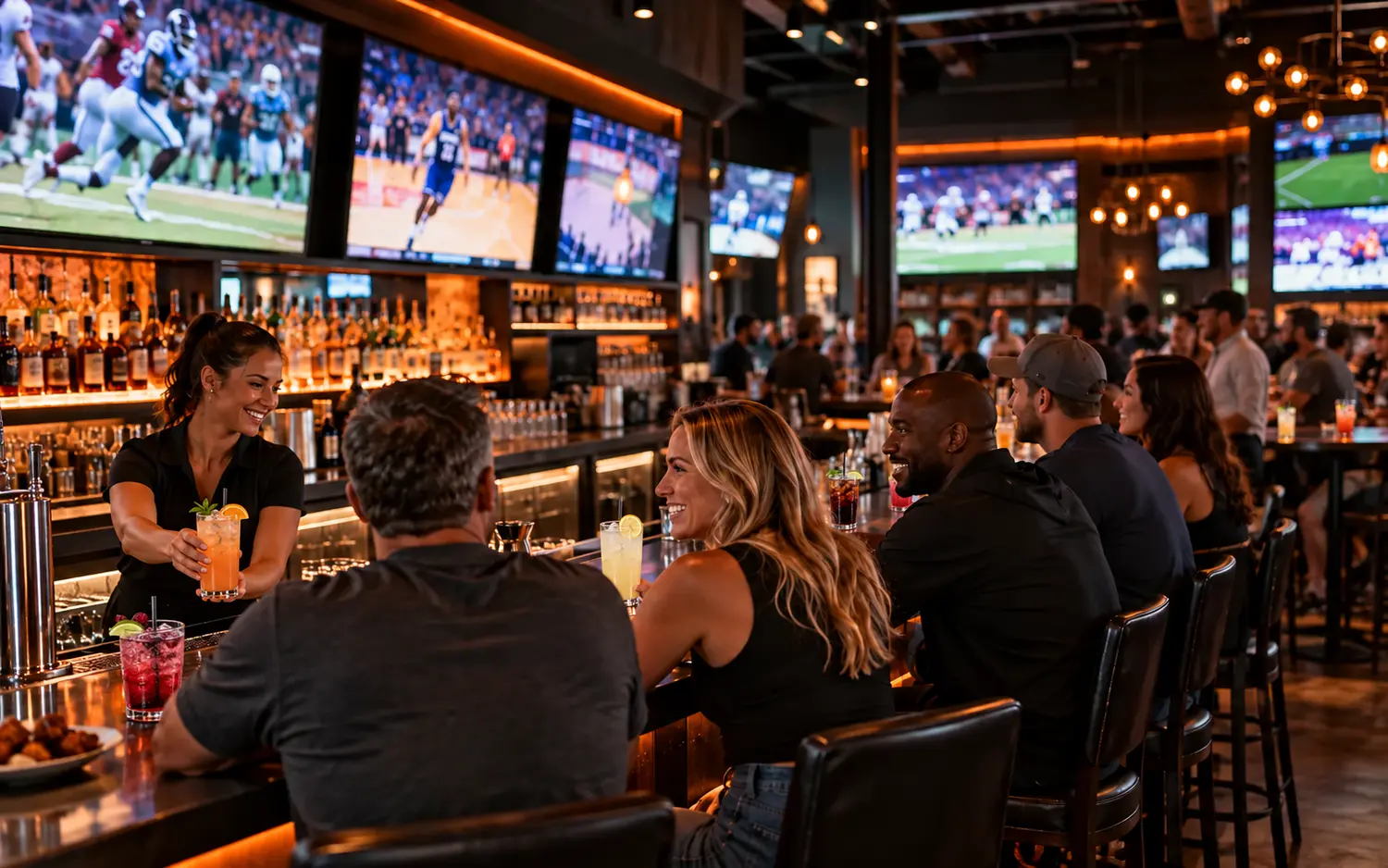 Illustrative lively sports-bar interior with screens, guests and colorful drinks